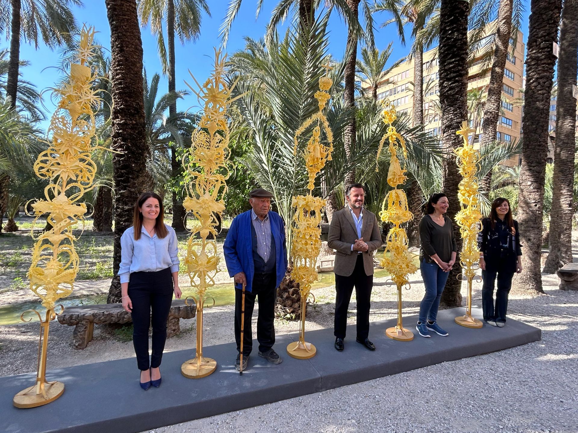 Imagen principal - Las palmas blancas de Elche ya van camino de Zarzuela y del Vaticano para el Domingo de Ramos